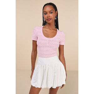 Lulus Cutest Example Light Pink Pointelle Knit Short Sleeve Henley Top - Size M